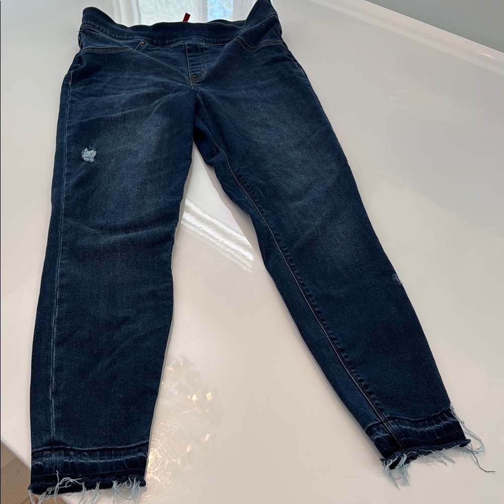 SPANX Blue Ankle Cropped Jeans with Distressed Hem